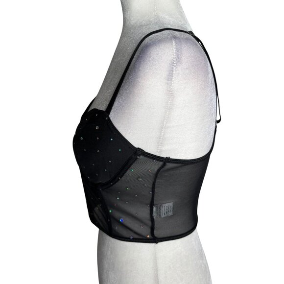 Mesh Rhinestone Bustier Crop Top Black Medium Adjustable Straps Boning NEW - Picture 3 of 7